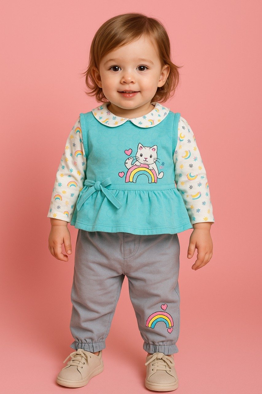 Baby girl 3pc casual pant shirt (3months-to-9mobnths)