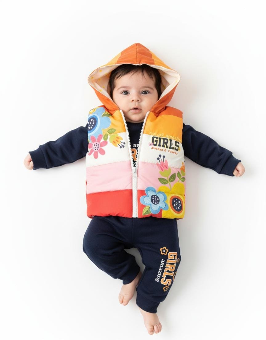 3-pc girls winter dress with puffer jacket (0-to-3 months)